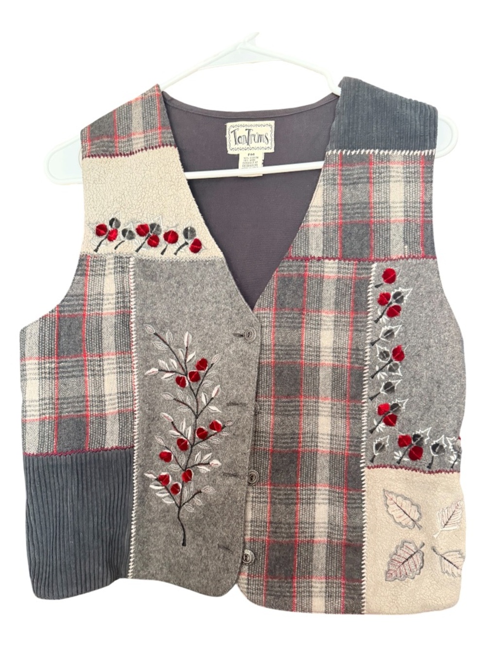 Tantrums Gray Plaid Patchwork Embroidered Vest with Red Accents